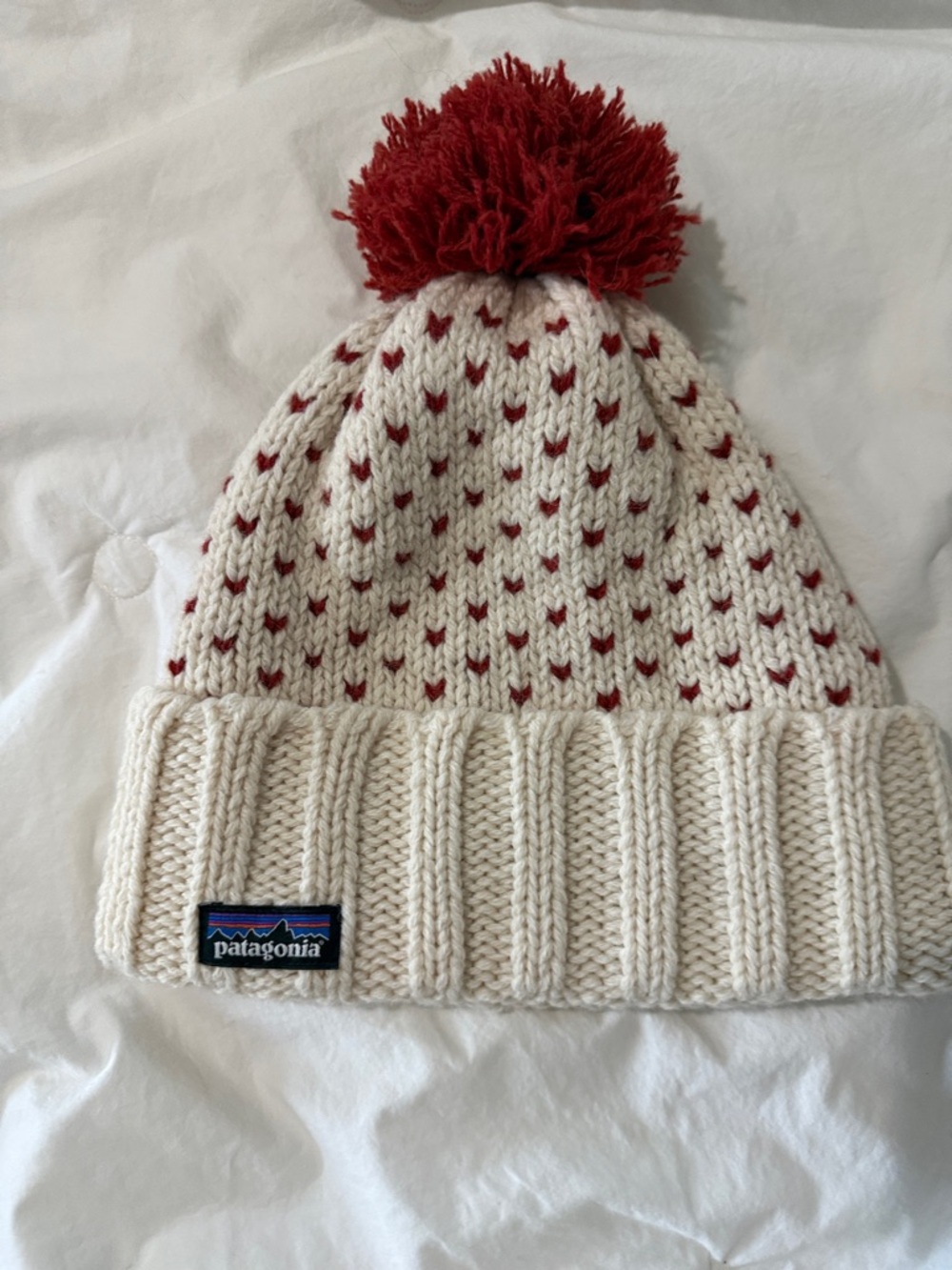 Patagonia Kids Cream Beanie with Red Pom and Heart Dots